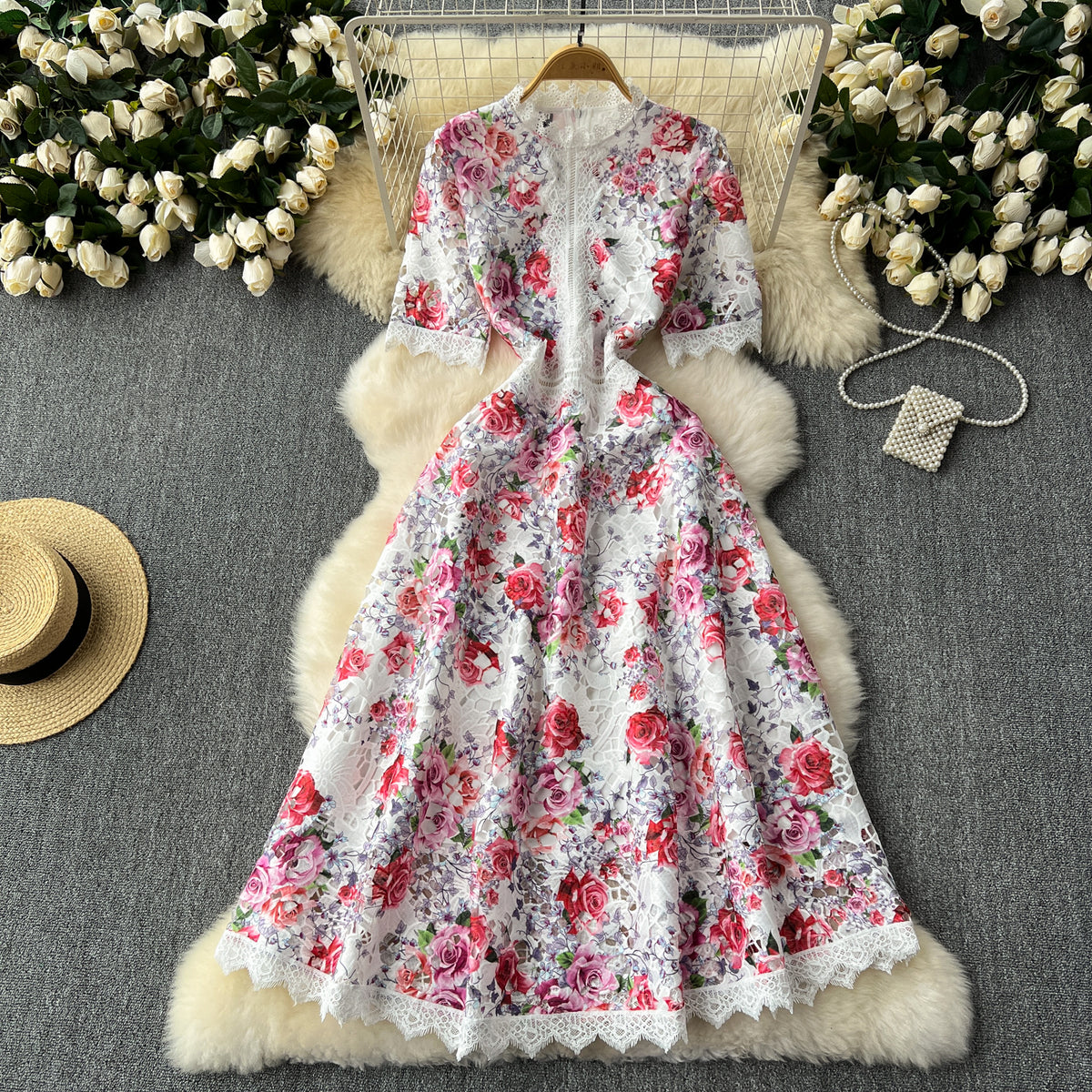 White Guipure Lace Floral Midi Dress