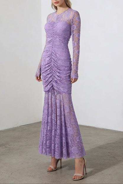penny lace  hollow ruched bodycon long sleeve maxi dress in purple