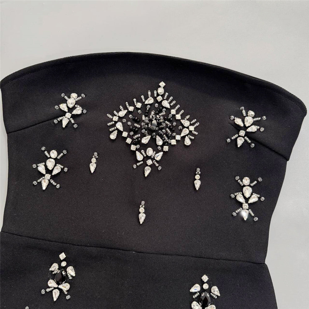 Black Crepe Column Maxi Dress with Silver Embellishment and Cape Detail