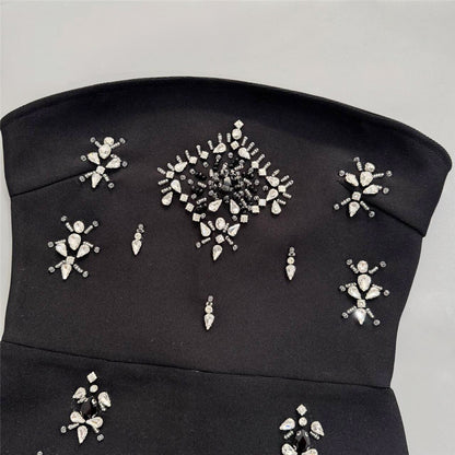 Black Crepe Column Maxi Dress with Silver Embellishment and Cape Detail