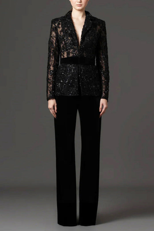 Mesh embroidered beaded jacket & trousers 2-piece set - black