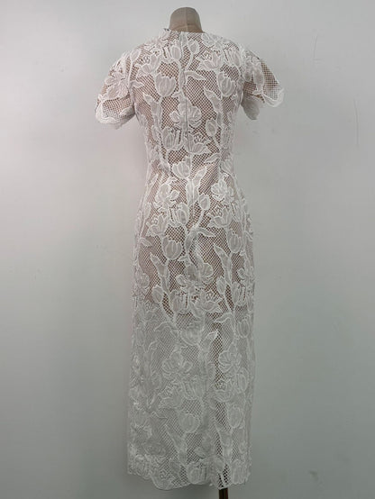 phoenix floral Applique hollow lace Midi Dress - white
