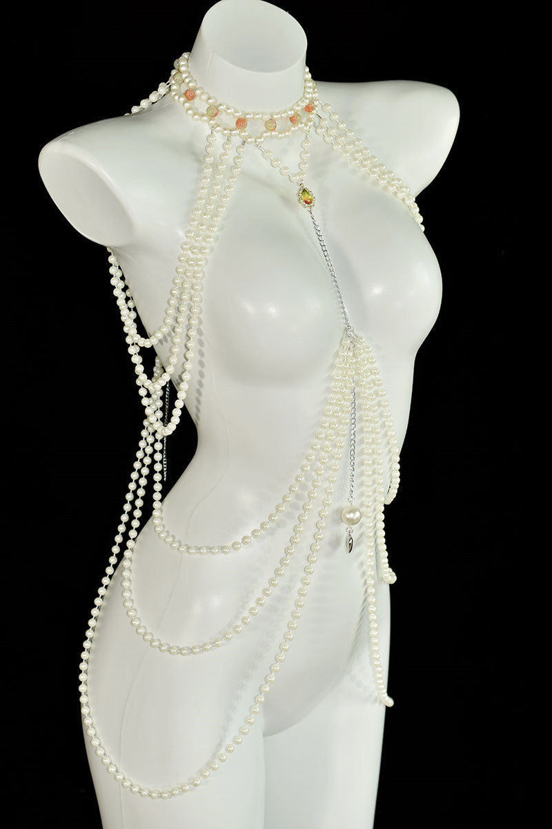 Classic long faux pearl dress, heart pendant, artificial crystal accessory, ladies' party banquet body chain
