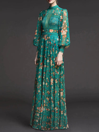 French retro green floral dress, high-end royal sister dress, dress skirt, light luxury, niche high-end long skirt women