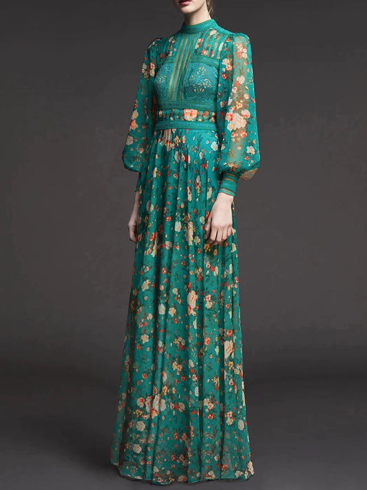 French retro green floral dress, high-end royal sister dress, dress skirt, light luxury, niche high-end long skirt women