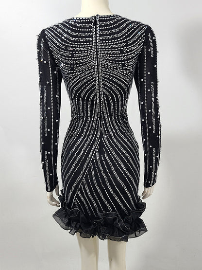 jenny Black Crystal Embellished Flutter Trim Mini Dress