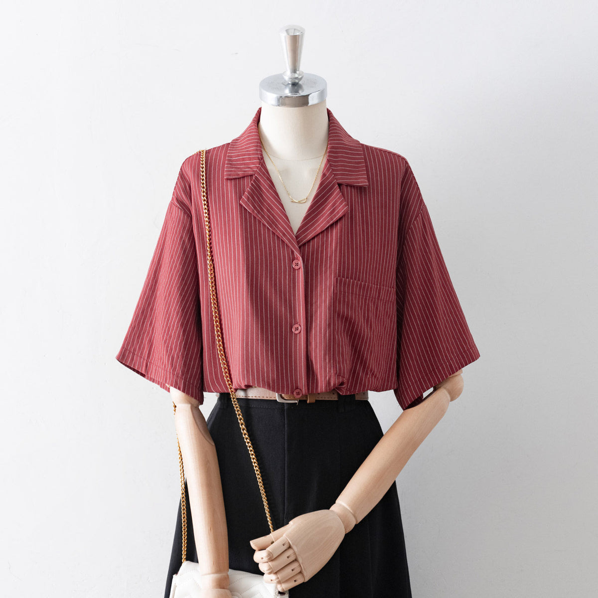 Vertical Stripe Notched Lapel Half Sleeve Loose Shirt With Chest Pocket