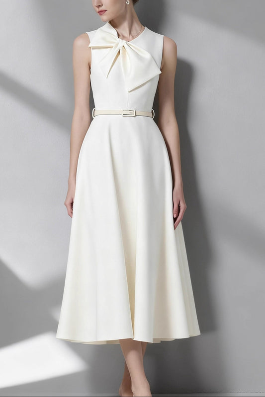 irregular bow A-line midi dress with belt