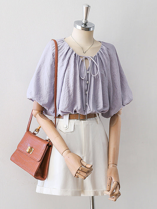 Gathered Drawstring Neck Dolman Batwing Short Sleeve Blouse