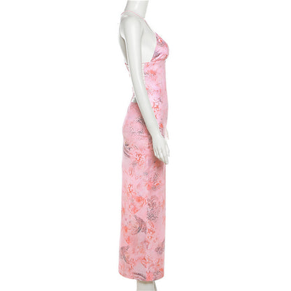 Printed Strappy Butterfly Backless Plunge Sheath Slip Maxi Dress
