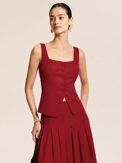 Burgundy Square Neck Sleeveless Button Vest &amp; Slit Pleated Midi Skirt Two-Piece Set