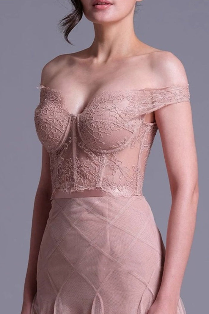 floral dentelle off-shoulder bustier corset net skirt set in pink