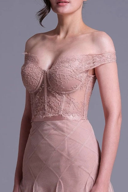 floral dentelle off-shoulder bustier corset net skirt set in pink