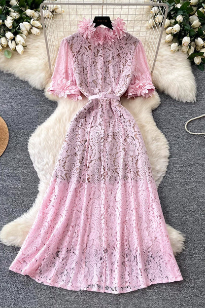Pink Floral Lace A-Line Midi Dress
