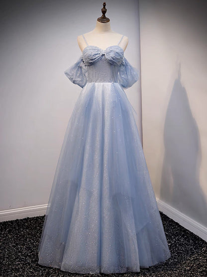 A-Line Off Shoulder Tulle Gray Blue Dress