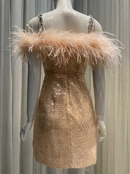 priscilla sequin feather crystal-strap mini dress in pink