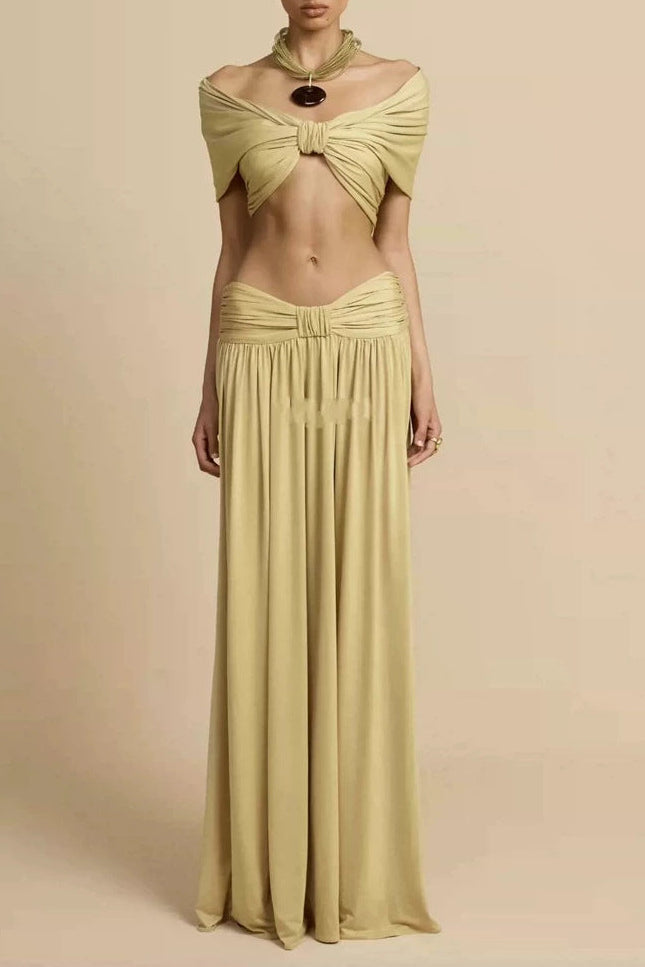 pleated top & maxi skirt set - gold