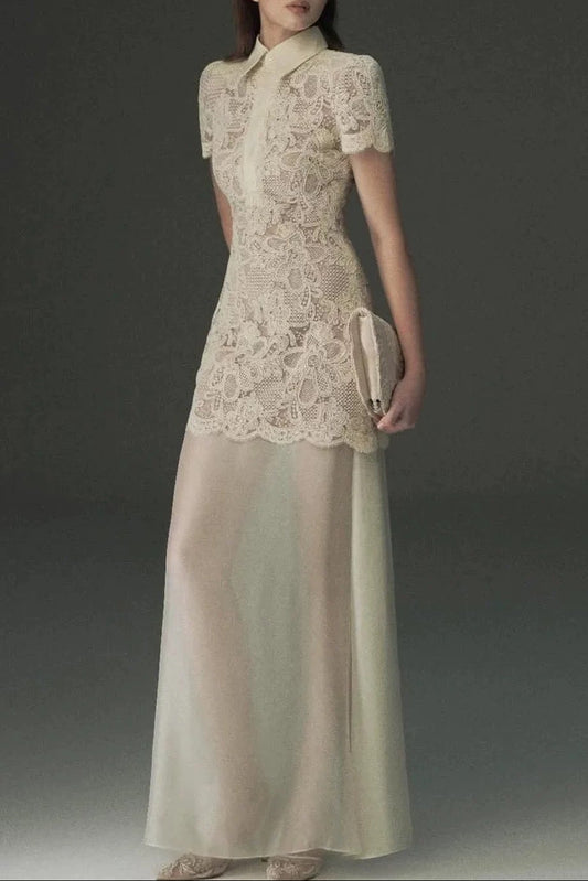 Beige Lace Overlay Collared Maxi Dress with Organza Skirt