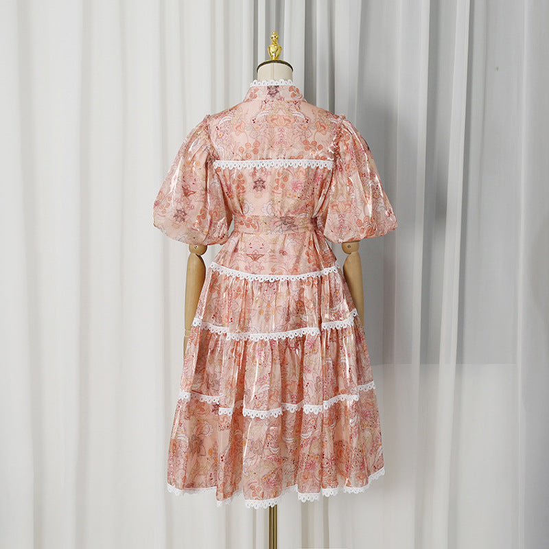 Peach Organza A-Line Tiered Maxi Dress with Botanical Floral Print