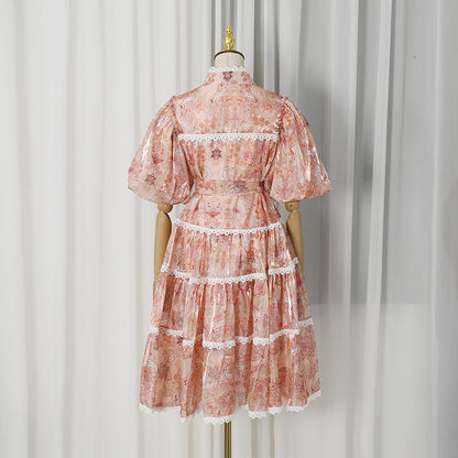 Peach Organza A-Line Tiered Maxi Dress with Botanical Floral Print