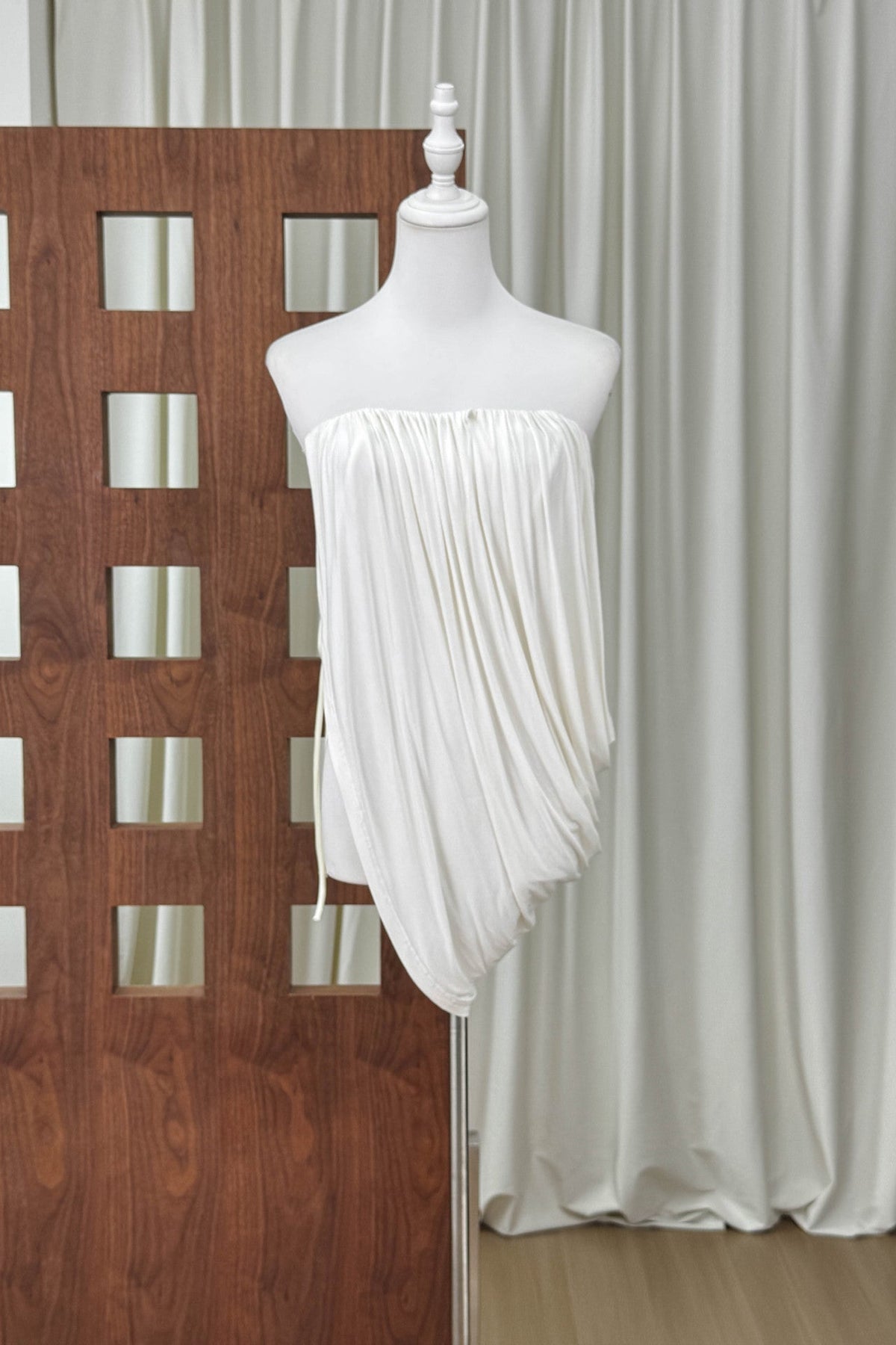White Stretch Jersey Fitted Skirt with Draped Asymmetrical Top Two-Piece Set