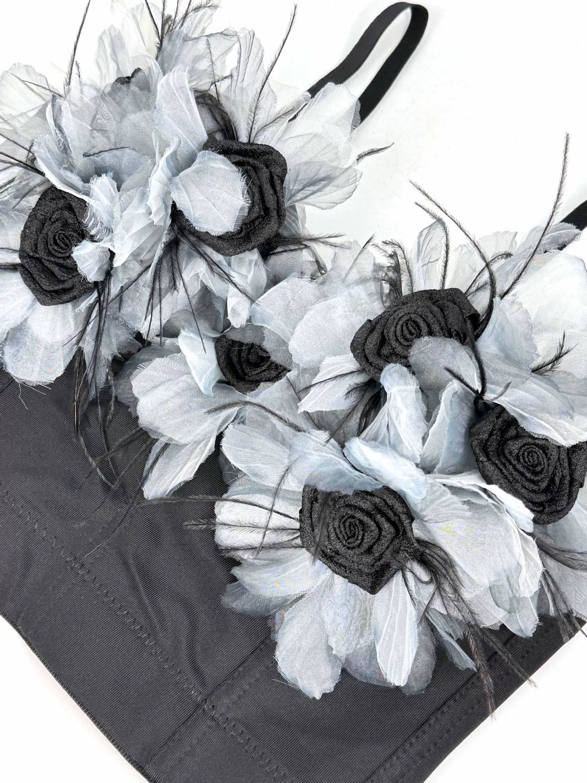 3D Floral Feather Spaghetti Strap Satin Corset Crop Top
