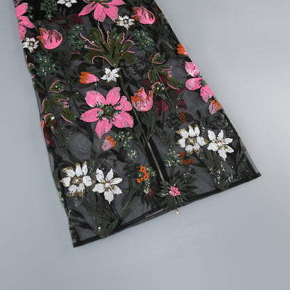 Black Floral Embroidered Mesh Column Dress