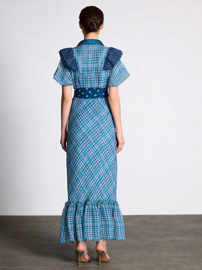 blue print plaid midi dress
