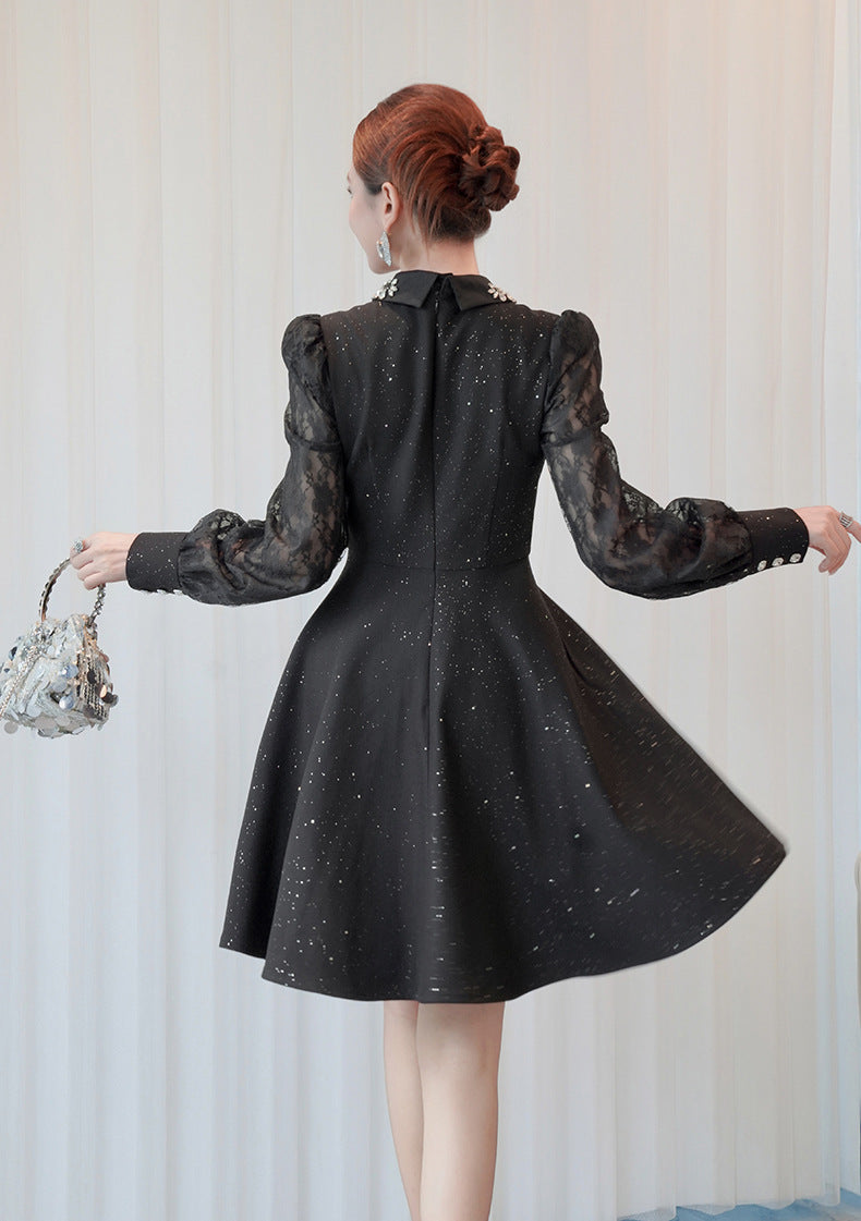 lynn black rhinestone collar neck lace hollow sleeve mini dress