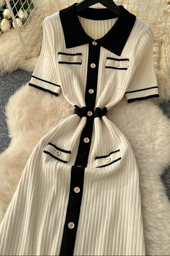 Cream Ribbed Knit Midi Dress with Black Contrast Trim