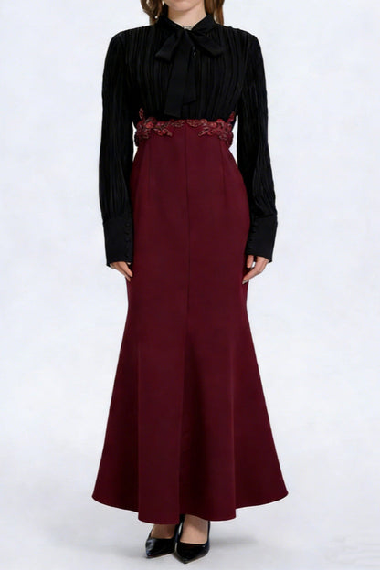 carlin Balloon Sleeve Ruched Tie Up Midi Dress - black & red
