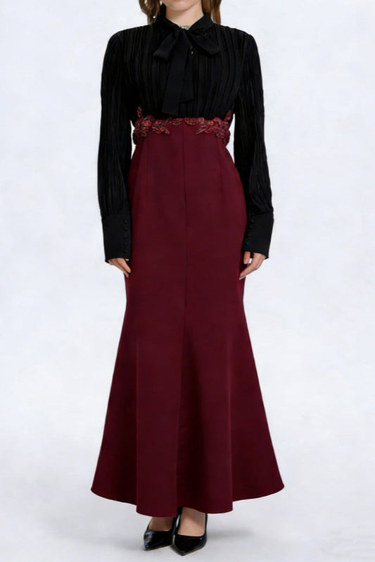 carlin Balloon Sleeve Ruched Tie Up Midi Dress - black & red