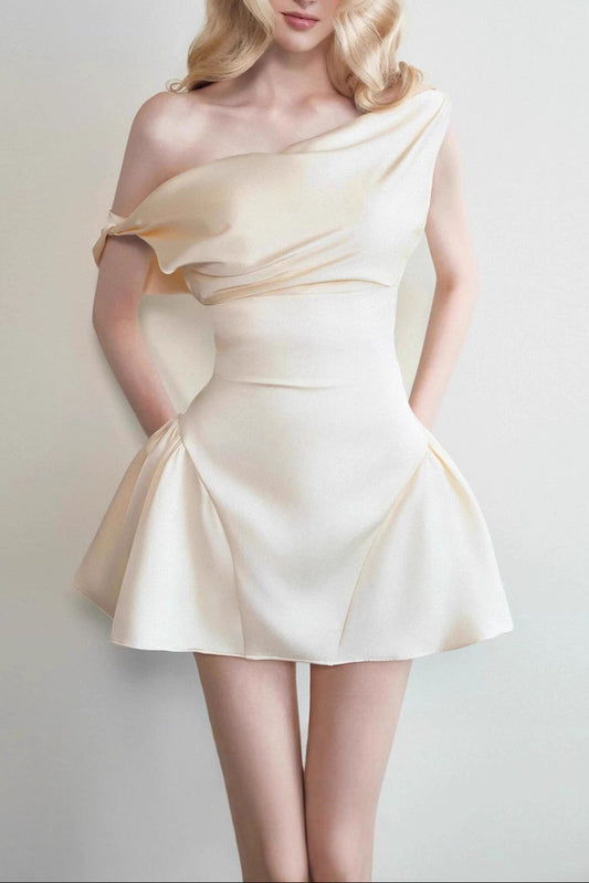 tina satin ruched mini dress in cream white