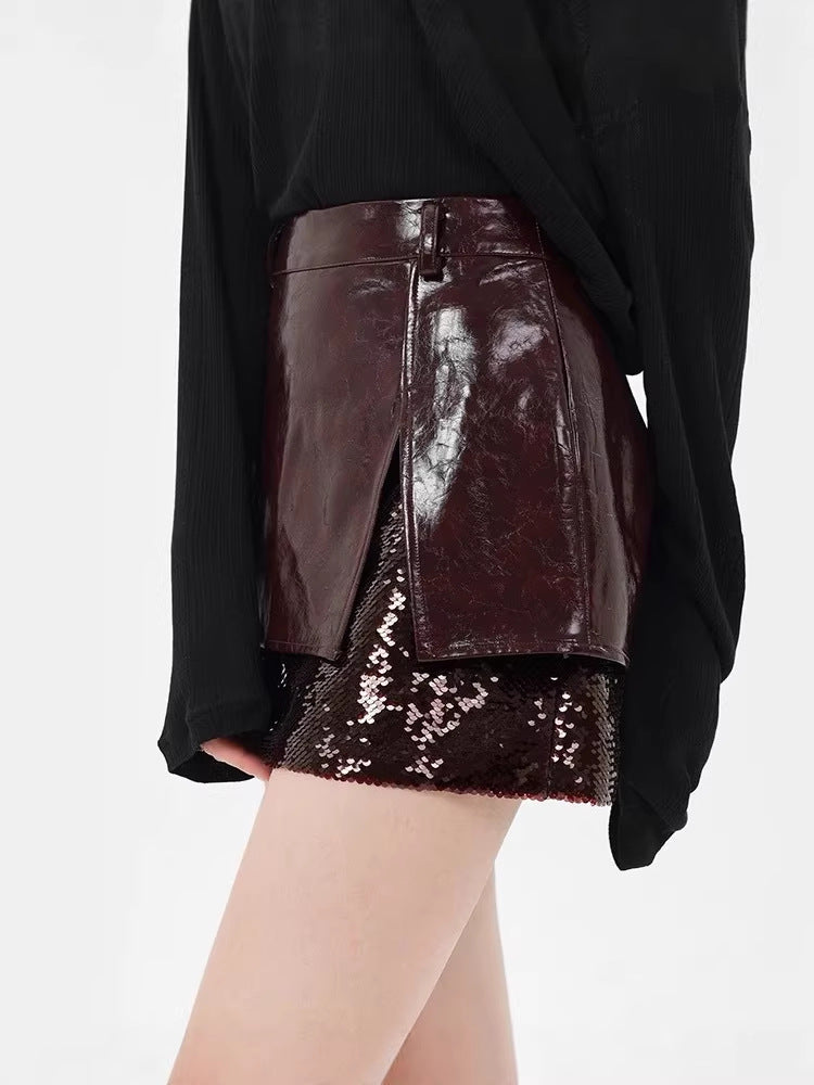 camille sequin embellished leather mini skirt in burgundy