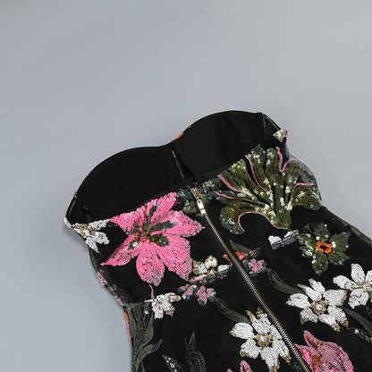 Black Floral Embroidered Mesh Column Dress