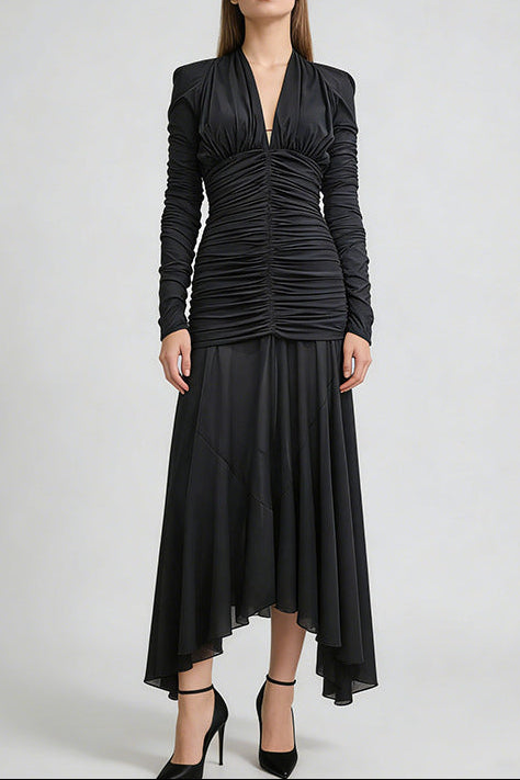 josephine v-neck ruched long-sleeve maxi dress in black