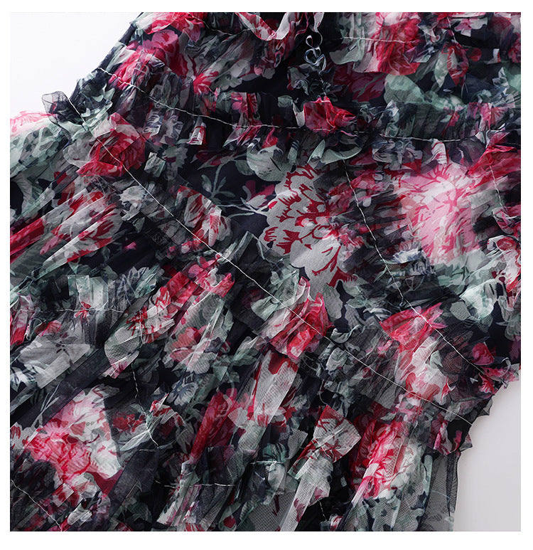 Navy Blue Floral Sheer Organza A-Line Midi Dress with 3D Ruffled Detail