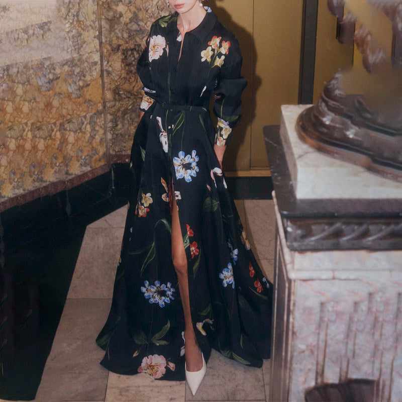 Black Floral Print Belted Shirt Maxi Dress with Slit