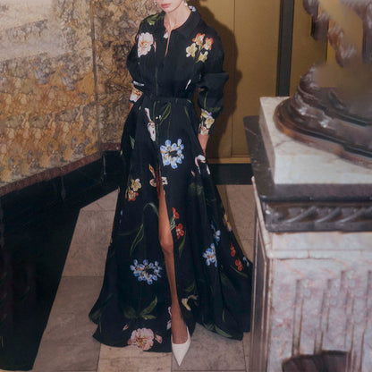 Black Floral Print Belted Shirt Maxi Dress with Slit