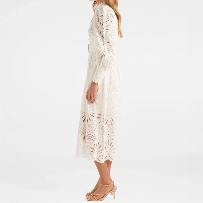 white embroidery lace collar waist lace dress