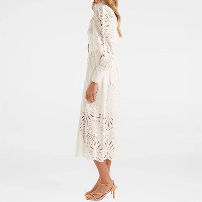 white embroidery lace collar waist lace dress