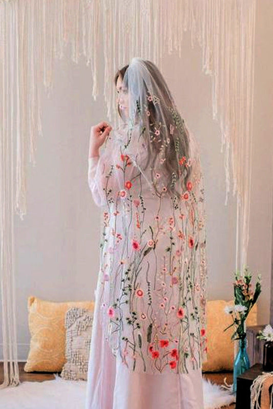 White Sheer Tulle Colorful Wildflower Embroidery Long Bridal Veil