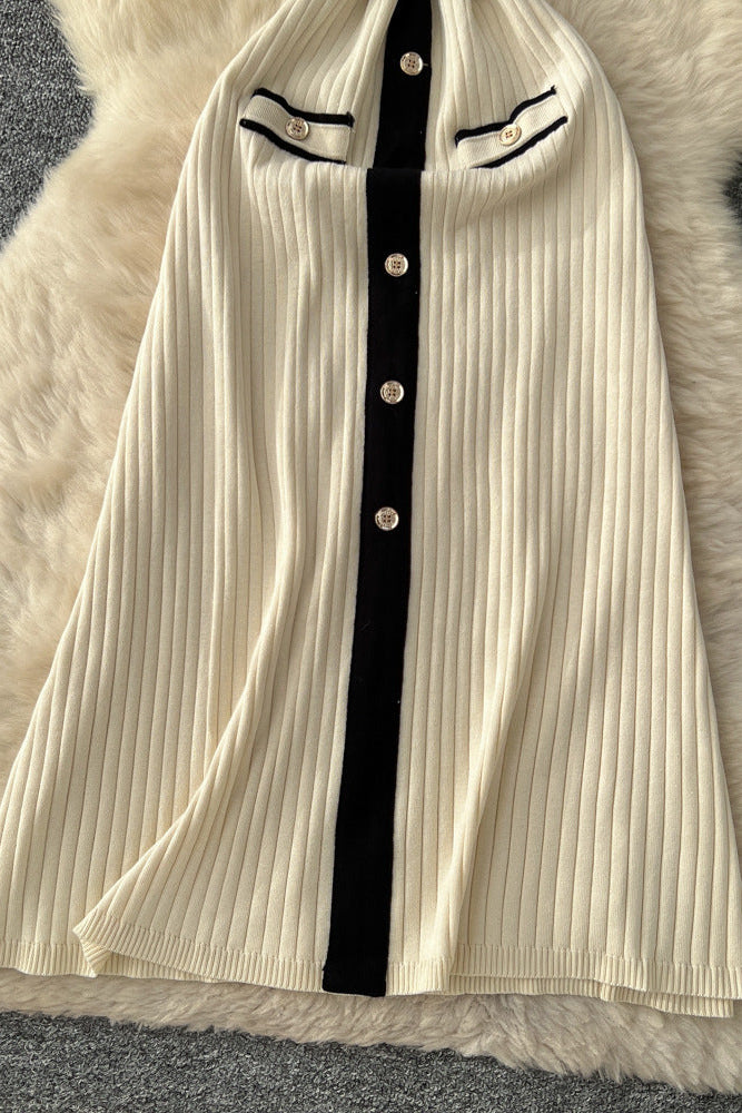Cream Ribbed Knit Midi Dress with Black Contrast Trim