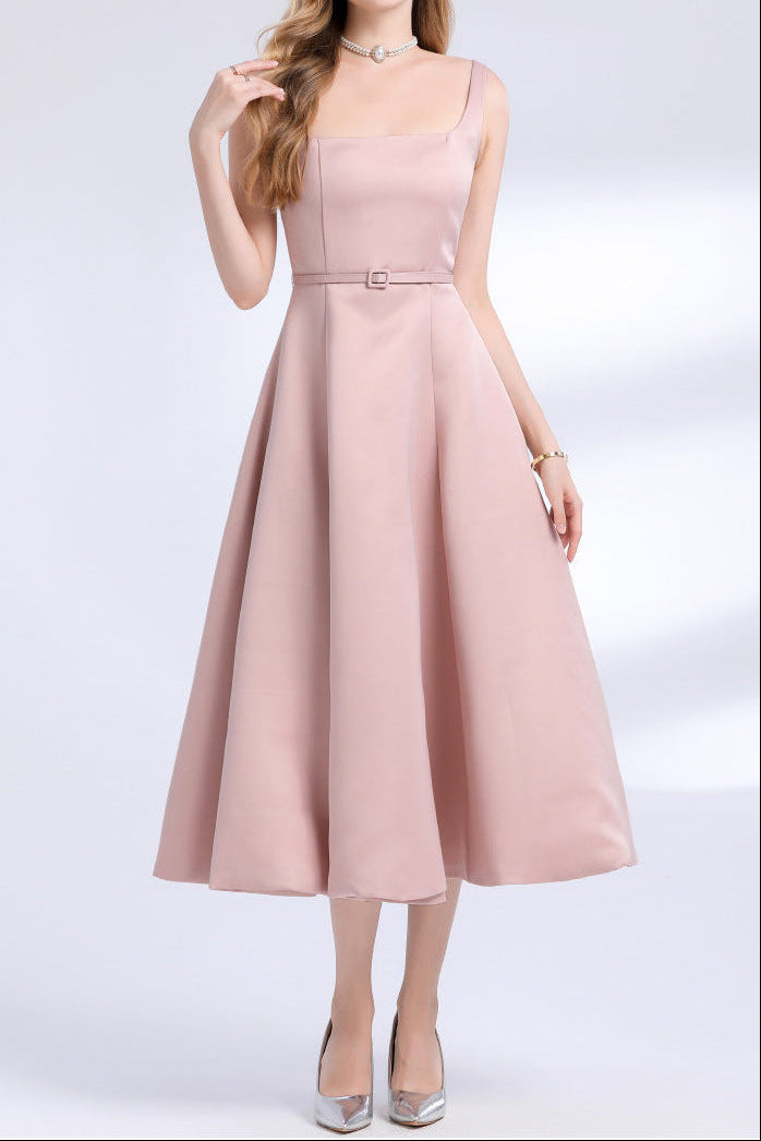 amelia square neck Satin Slip midi Dress - pink