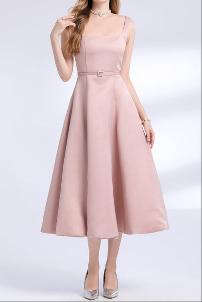 amelia square neck Satin Slip midi Dress - pink