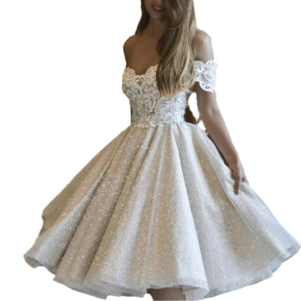 April One-Shoulder Lace Sequin Midi Dress- white