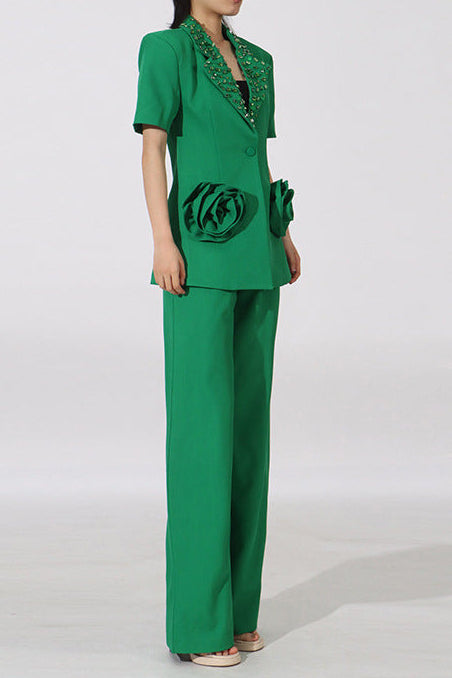 green Flower embellished blazer with wide-leg trousers set