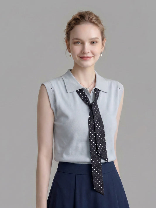Polo Collar Sleeveless Knit Top With Polka Dot Tie