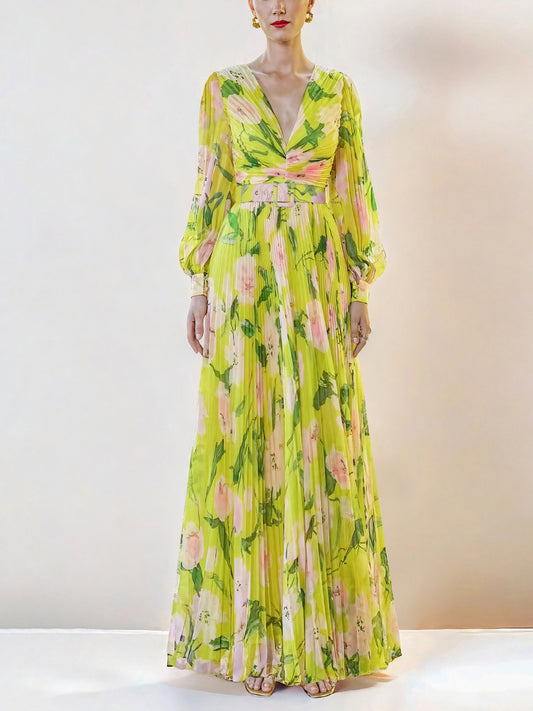 yellow floral long sleeves pleated patterned dress