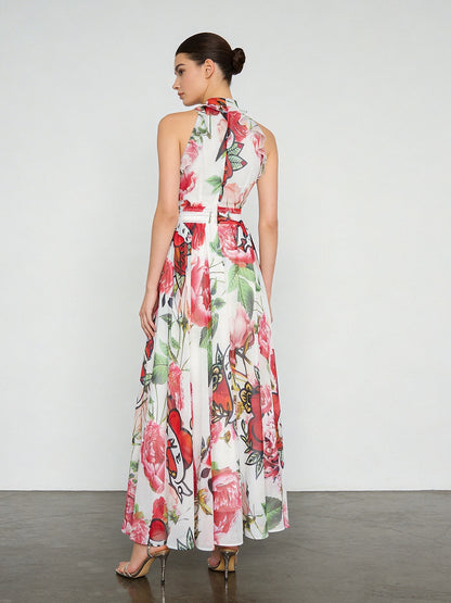 floral printed sleeveless flowing large swing dress